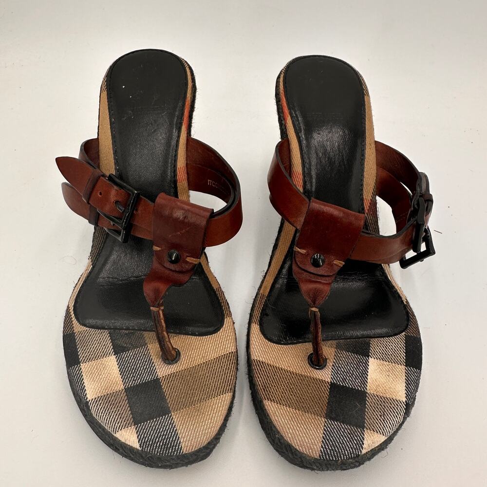 Burberry Leather Brown Wedge Espadrille Thong Heels Sandals Size 39 / 9 - Picture 2 of 10
